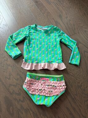 Ruffle Butts Green & Pink Flamingo Ruffle Rashguard Set Sz 6 swim summer girls